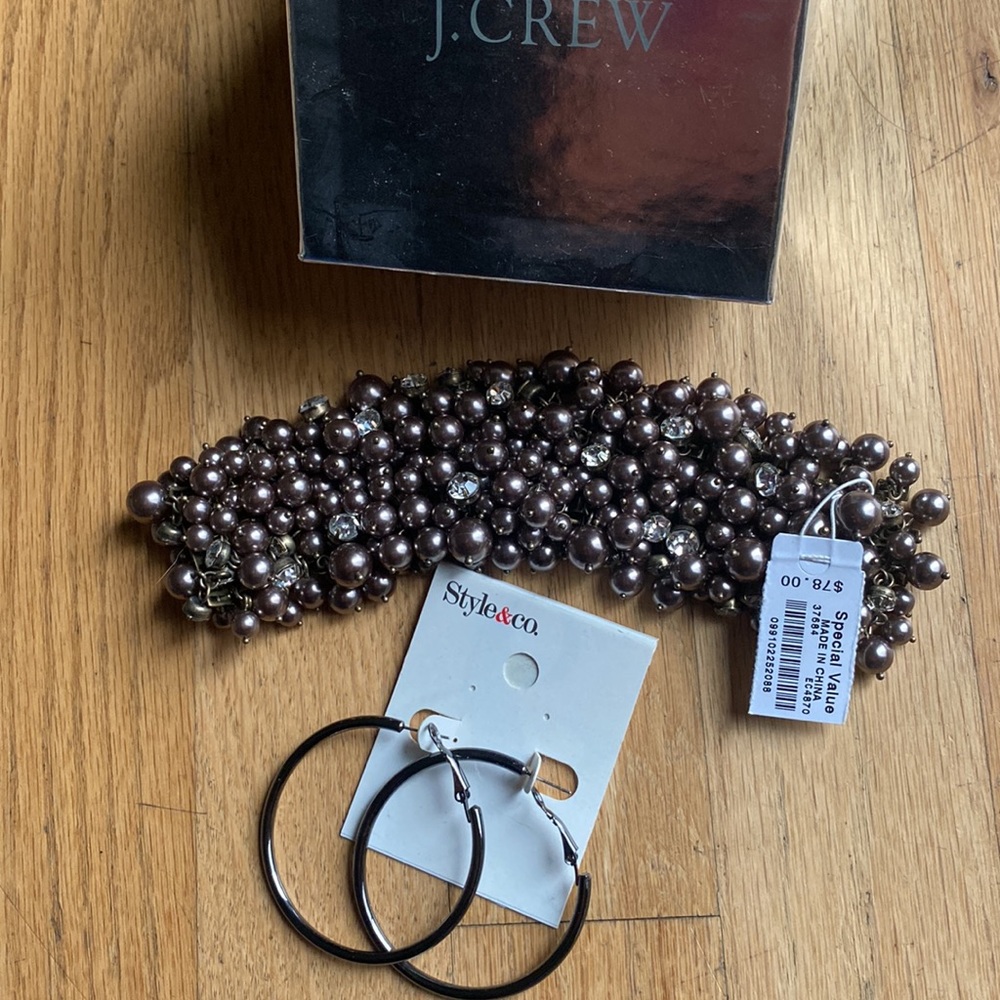 J crew costume set platinum rhinestone beaded bracelet & matching hoops NIB